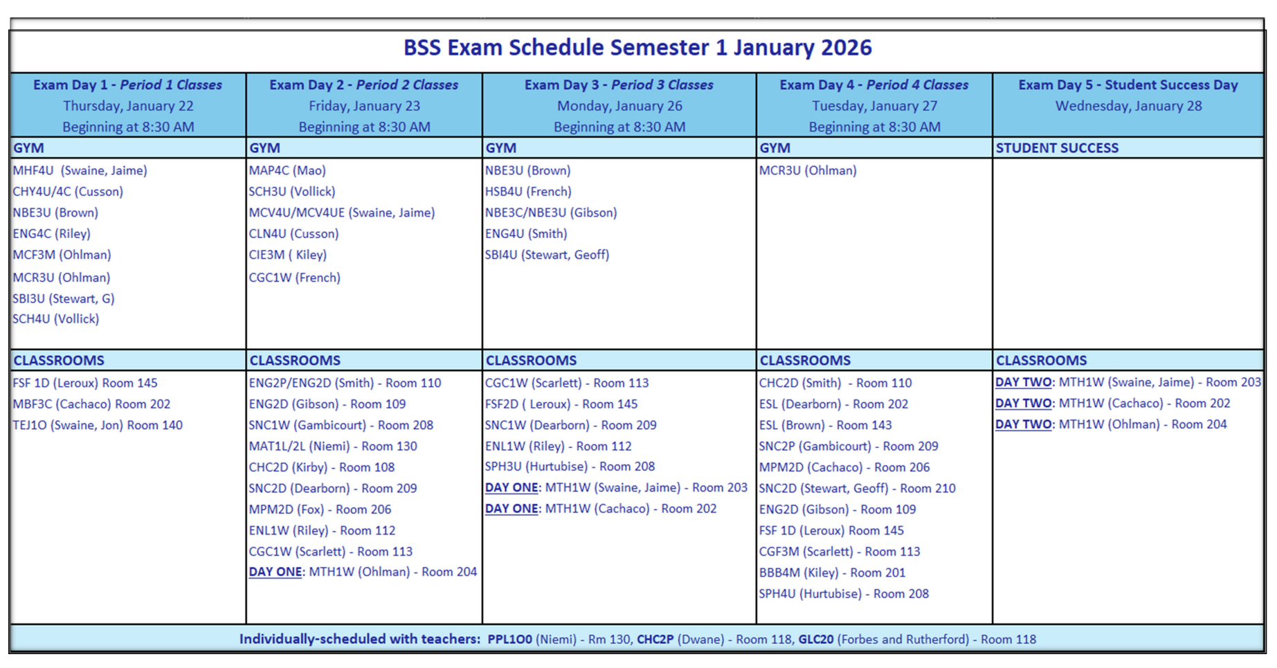 semester 1 exam schedule